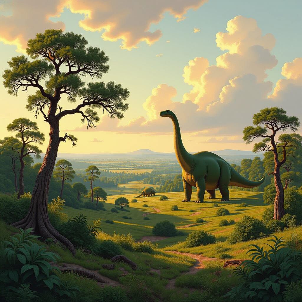 Apatosaurus in a Romantic Jurassic Landscape Painting