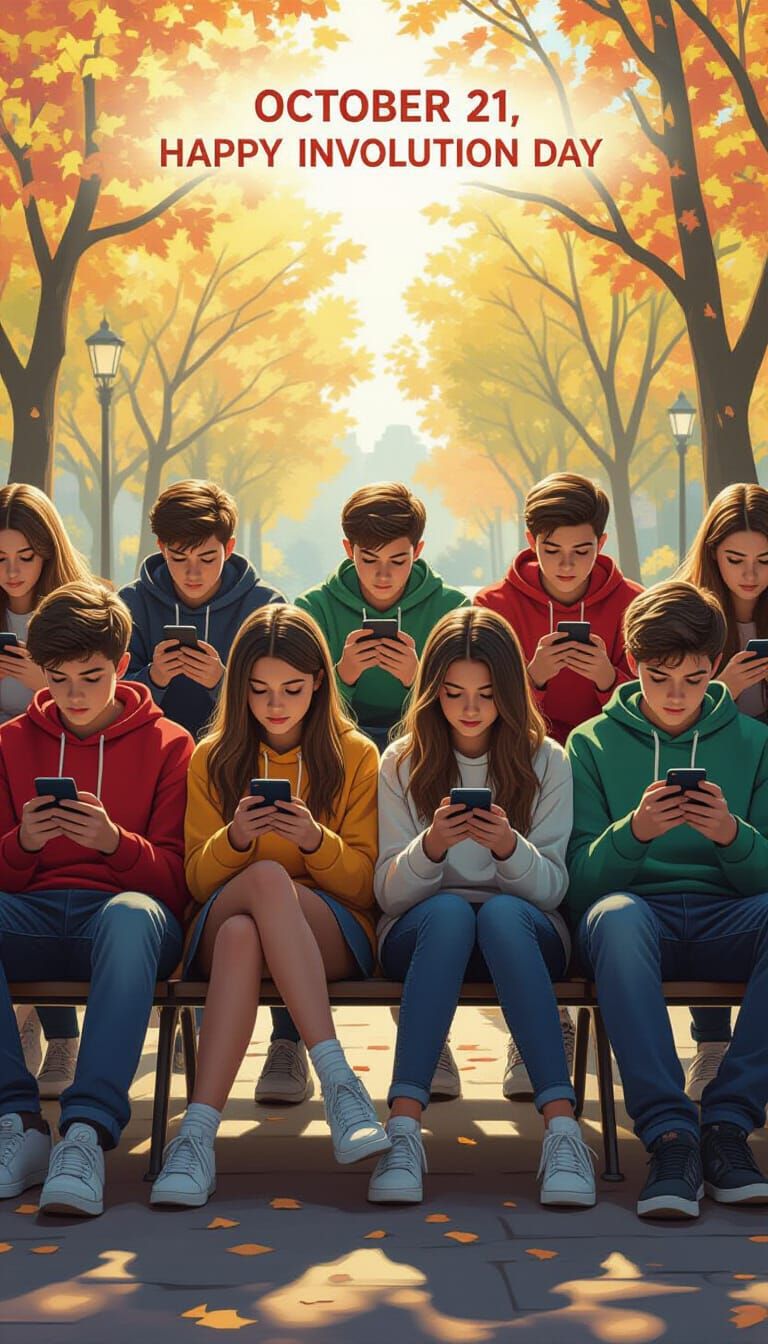 Youth Absorbed by Smartphones on Involution Day Poster