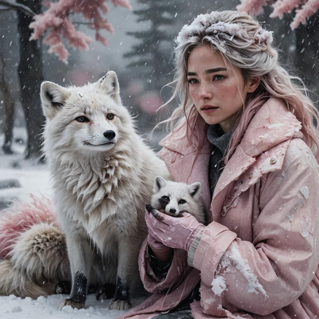 Woman and Arctic Fox in Snowstorm: Detailed Matte Painting