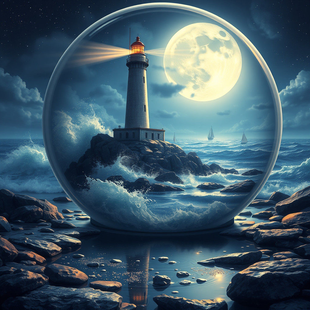 Lighthouse in Glass Globe: Dreamlike Digital Illustration