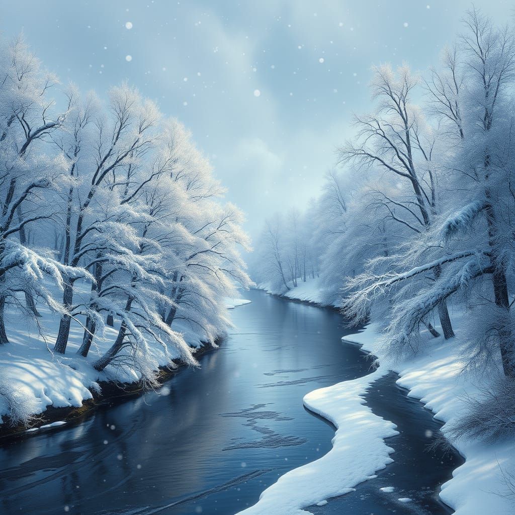 Winter Landscape with Trees and River in Soft Impressionist ...