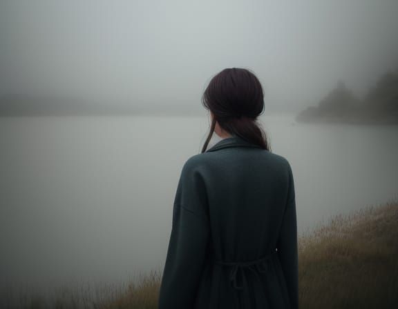 Enigmatic Watercolor Portrait in a Foggy Dreamscape