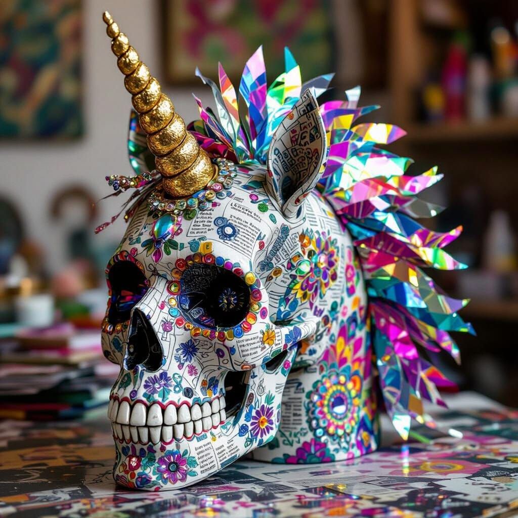 Visionary Unicorn Skull Assemblage Art Sculpture