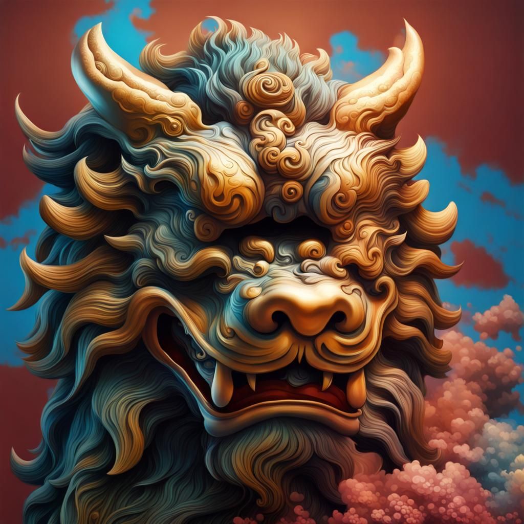 Hyperrealistic Foo Dog with Colorful Splash Art Background