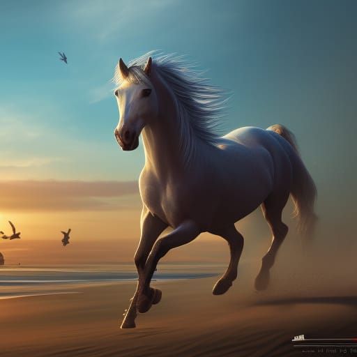 White Horse Galloping on Beach at Sunrise