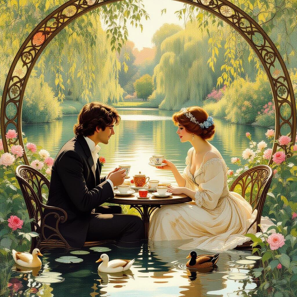 Art Nouveau Lovers Enjoy Tea in a Sunny Garden