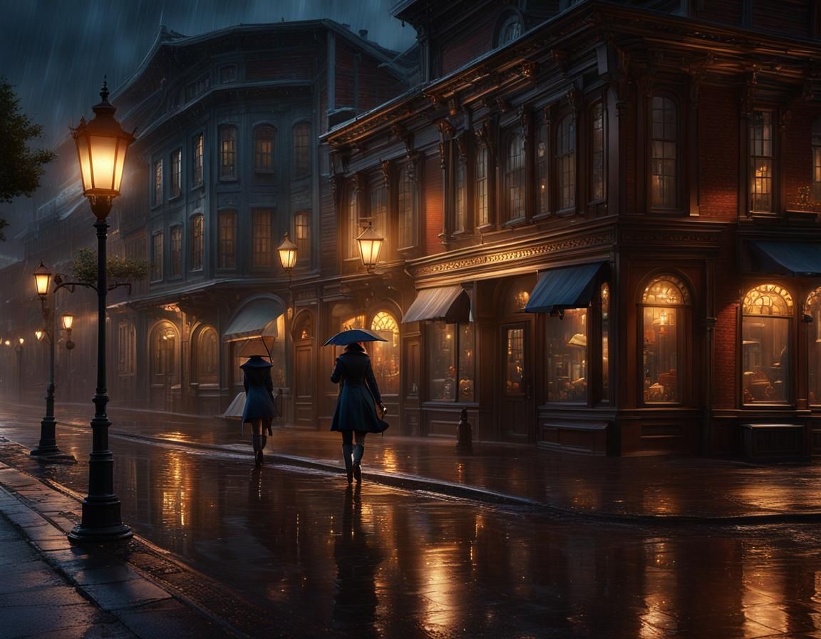 Rainy Evening on Main Street: Baroque Painting