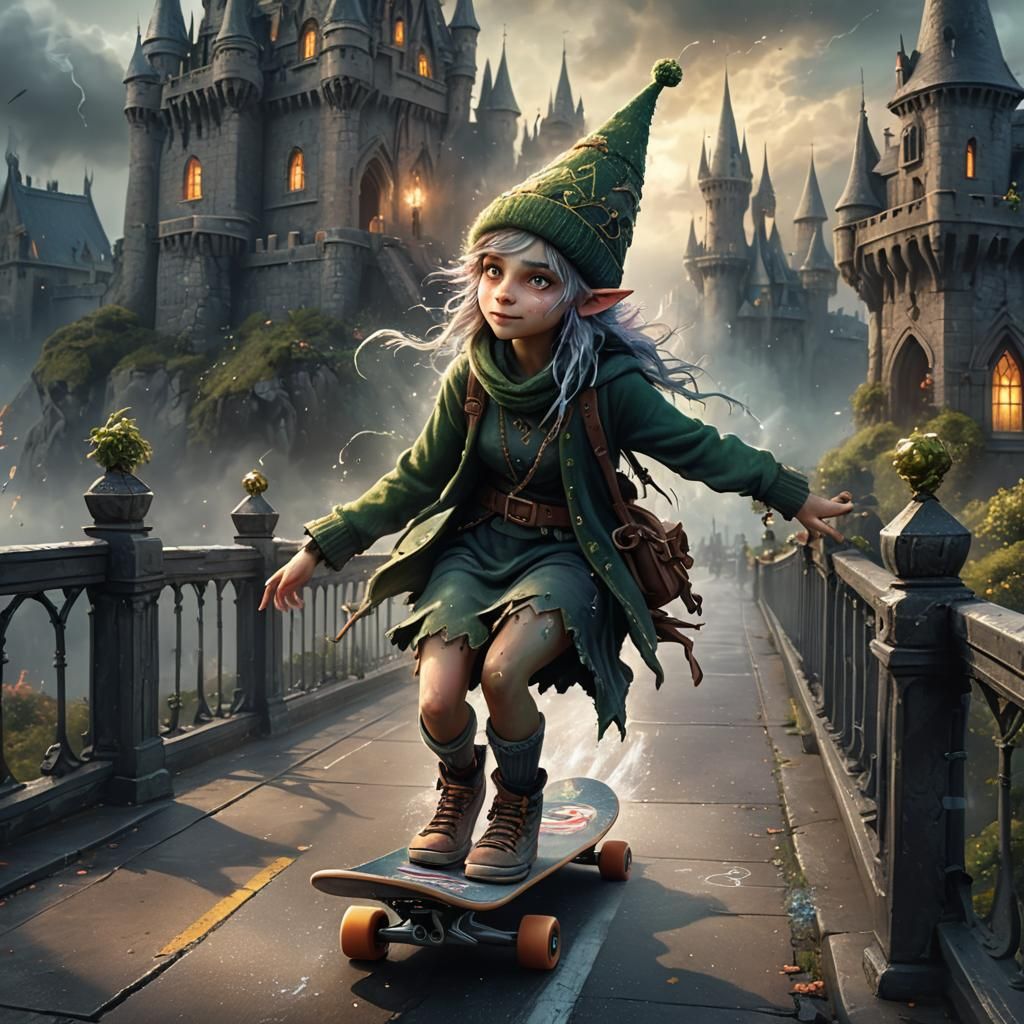 Charming Elf Girl Skateboarding at Dark Fantasy Castle
