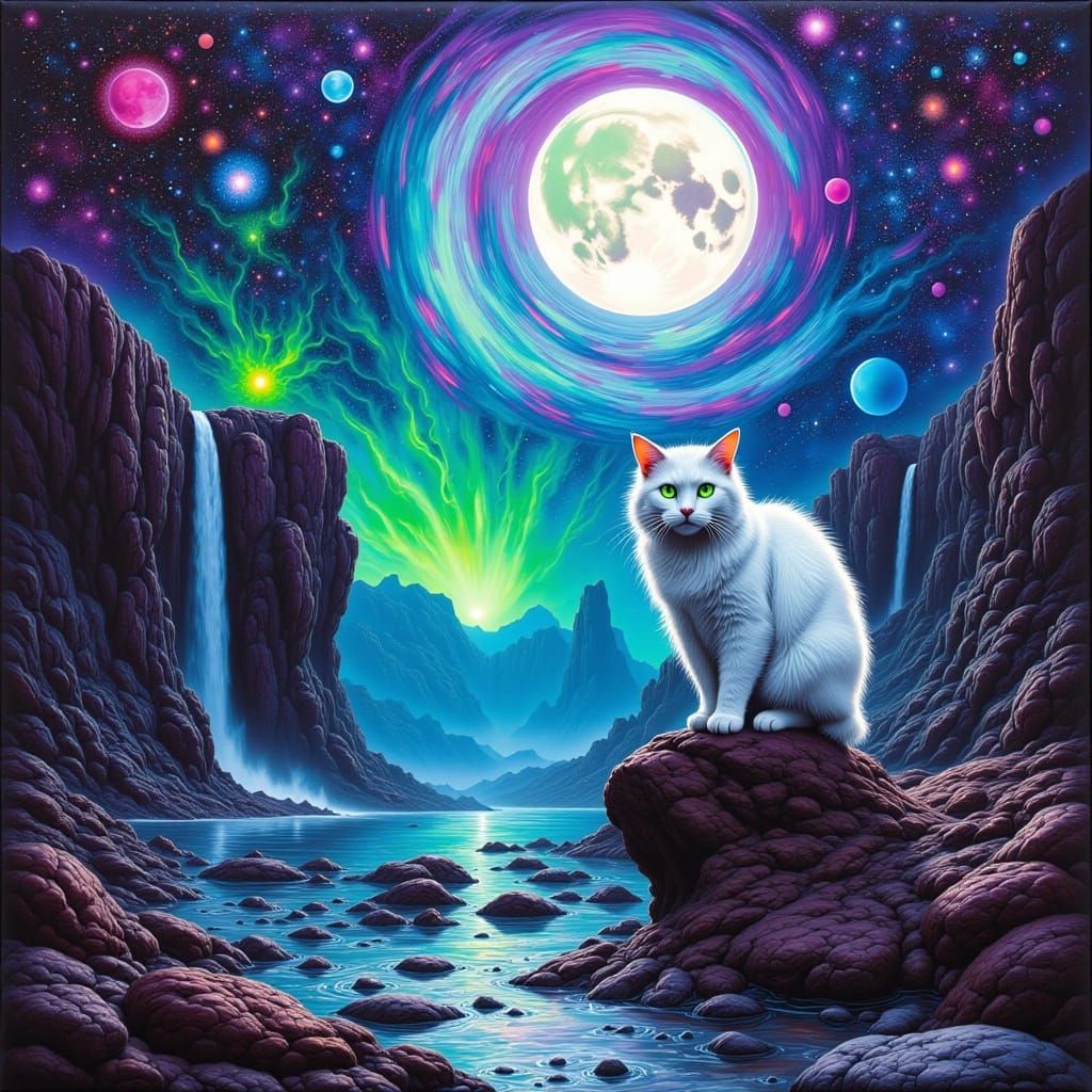 White Cat with Glowing Green Eyes by Misty Waterfall