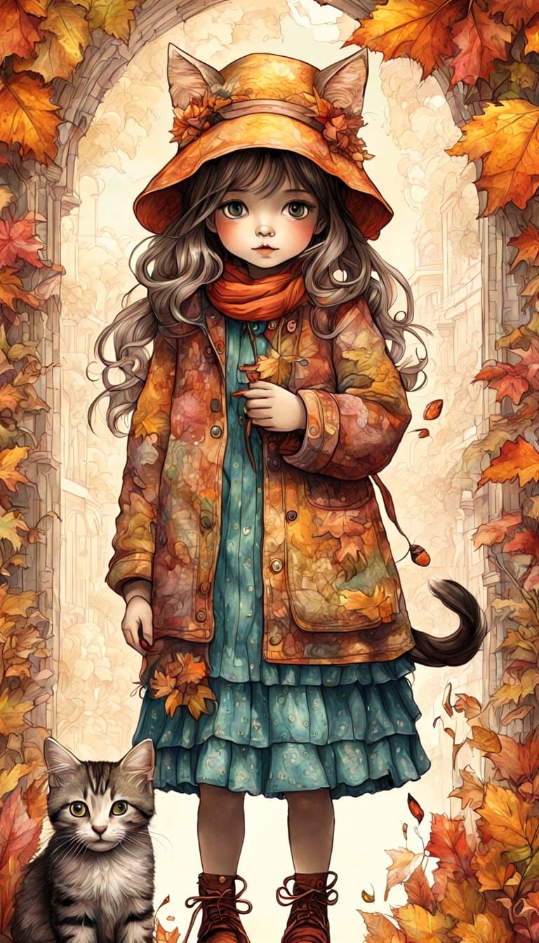 Whimsical Girl with Kitten in Autumn Colors