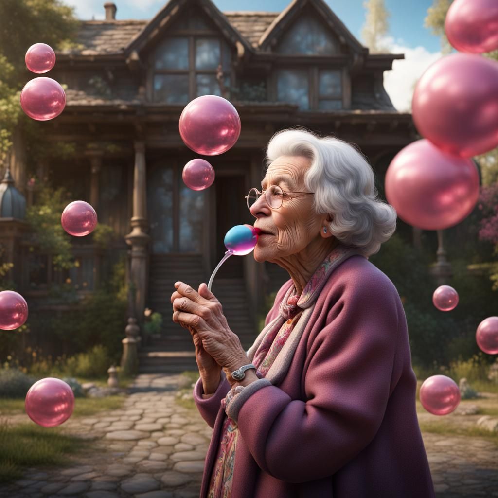Old Lady Blows Giant Bubble in Detailed Digital Art