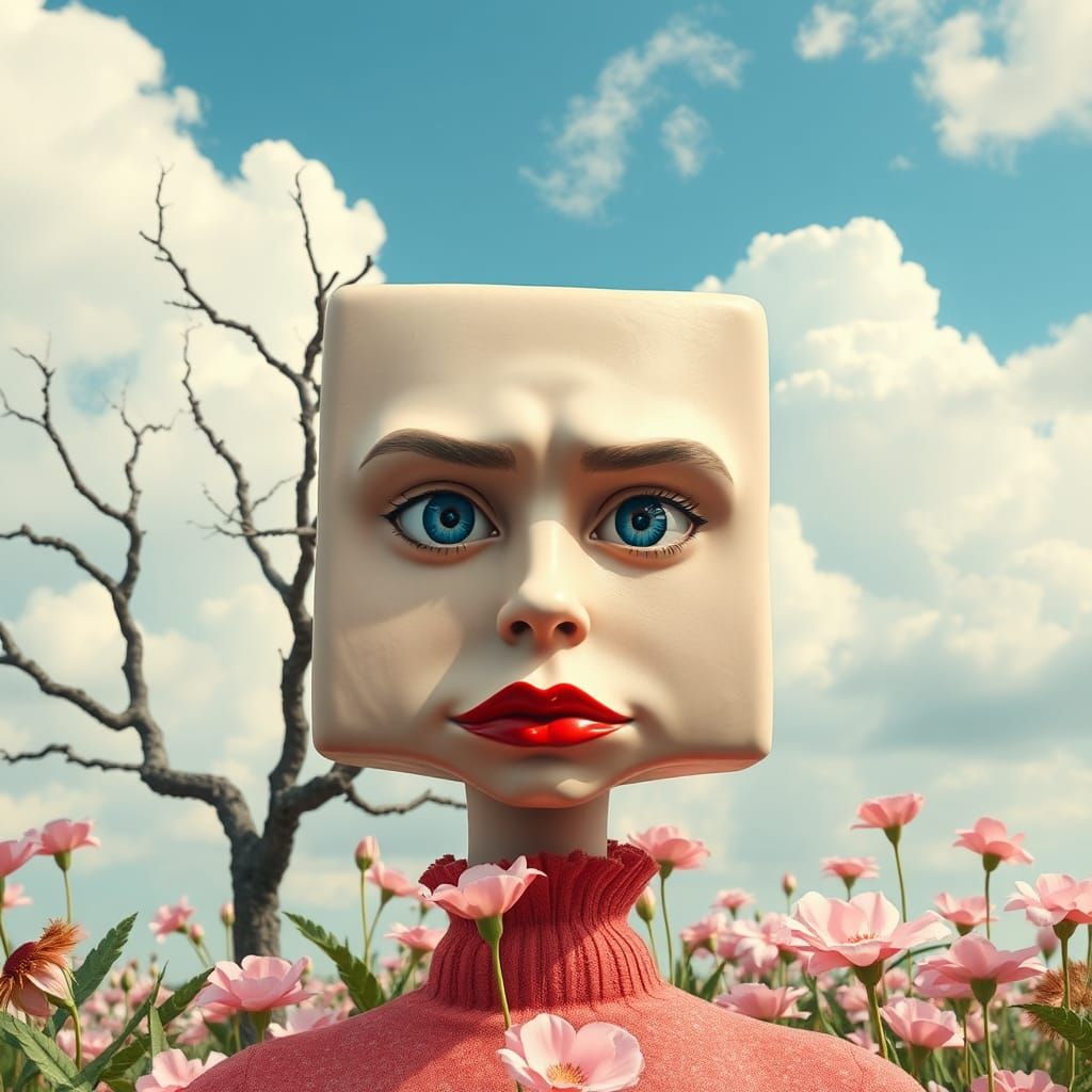 Surreal Cartoon Portrait in Candy-Colored Garden