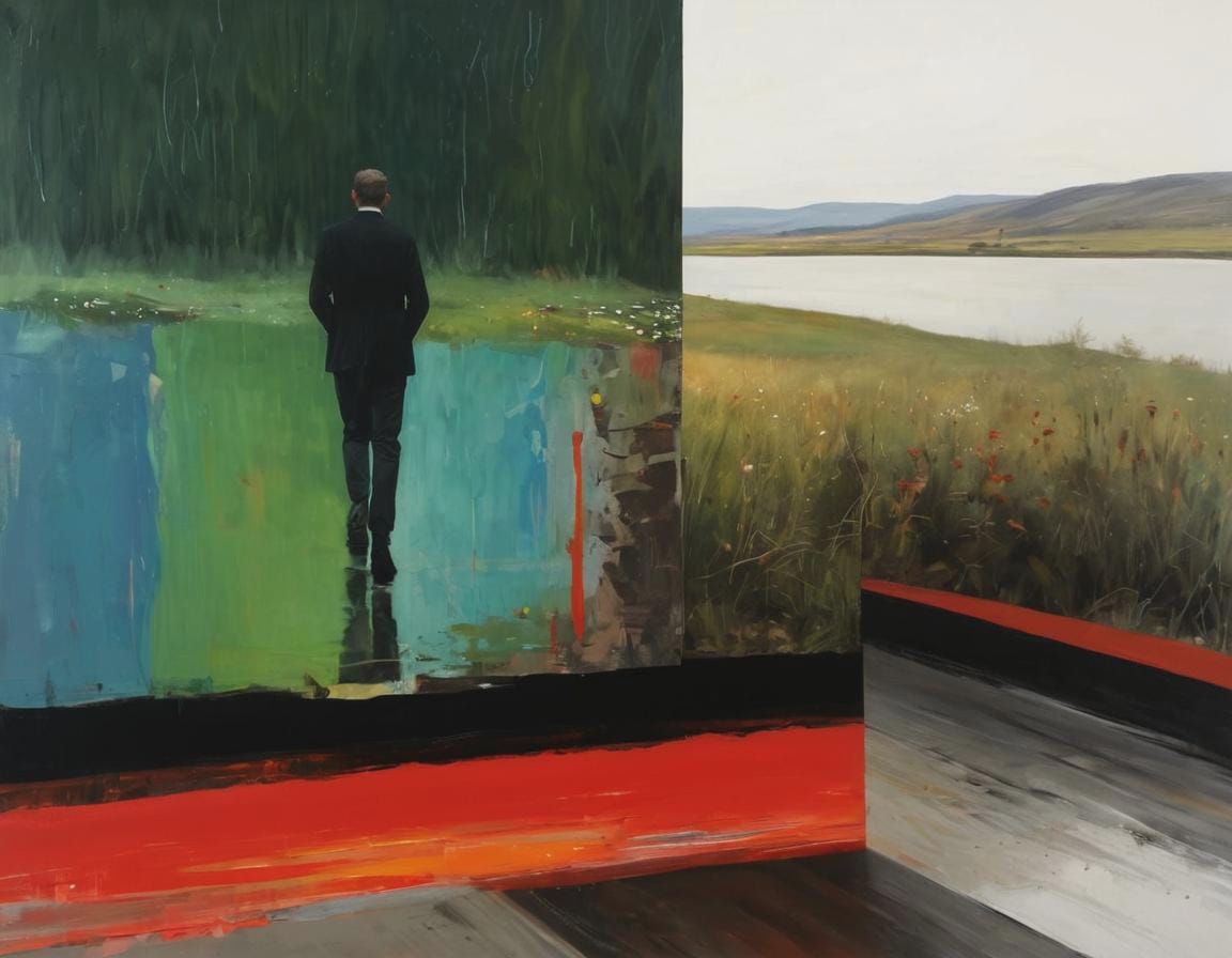 A Man in a Black Suit Walks Away in a Rainy Landscape