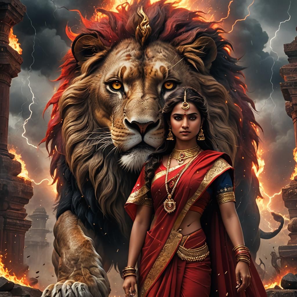 a  women with lion.