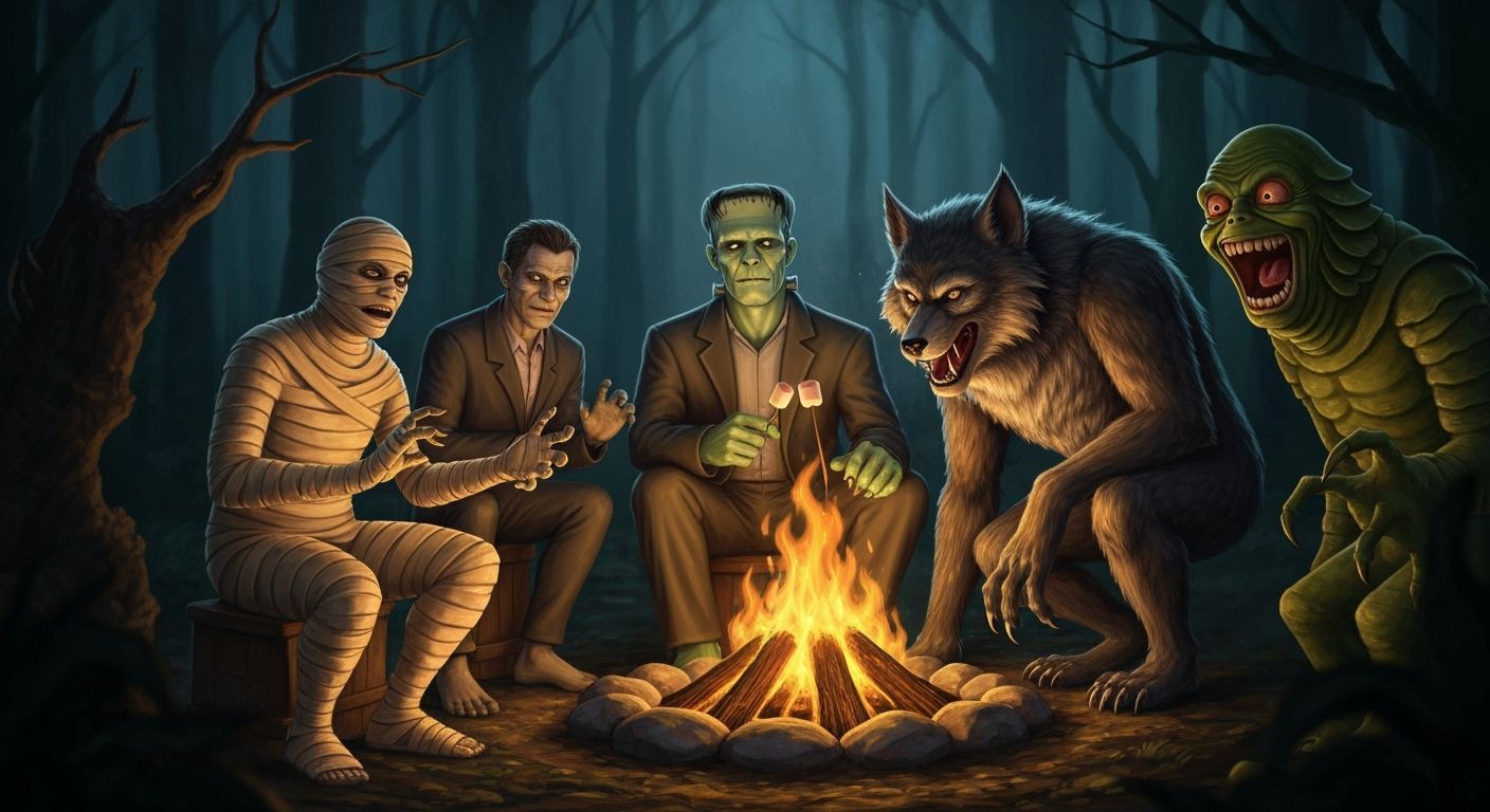 Monsters Campfire in Shadowy Forest: Whimsical Horror Art