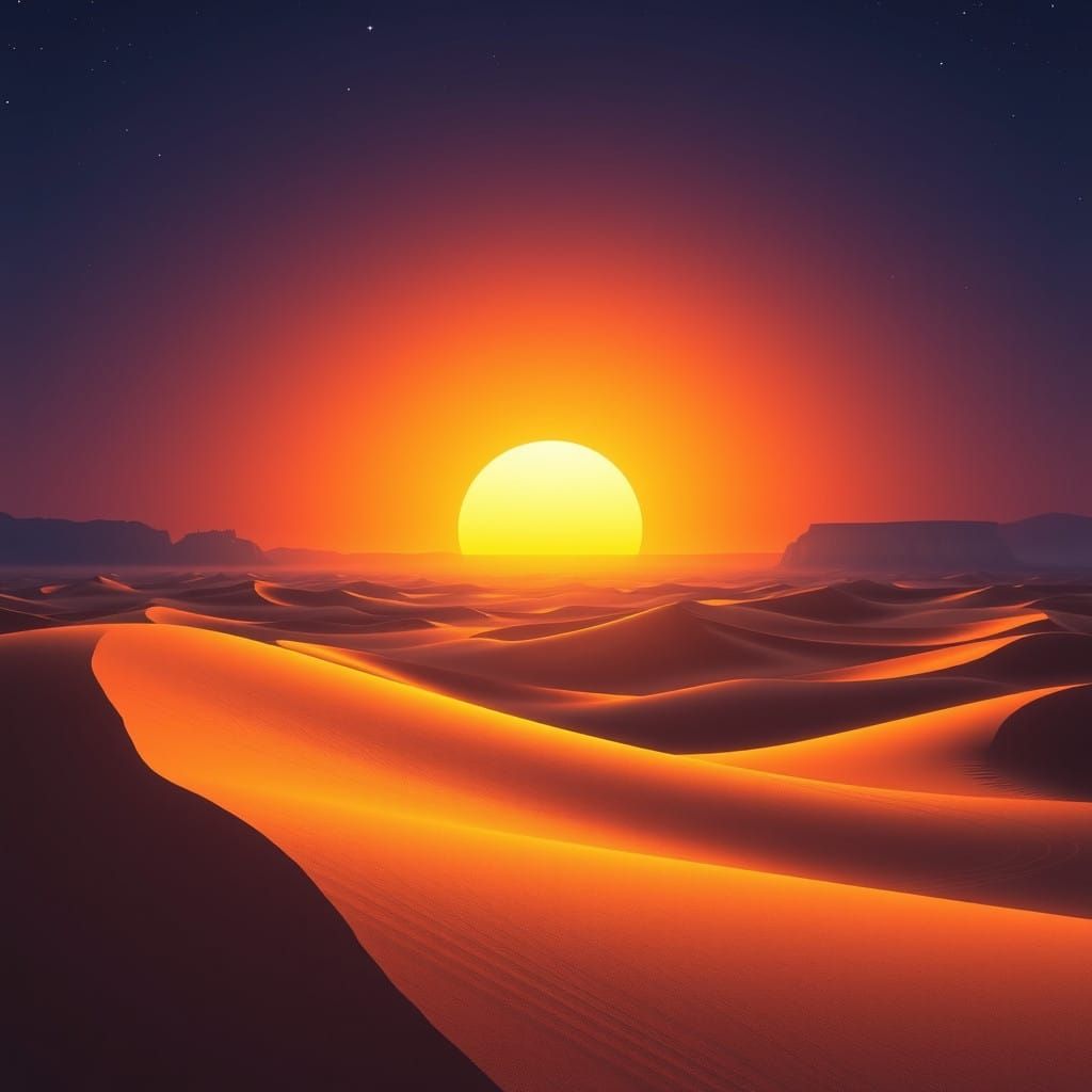 Mystical Karakum Sunset in Cyberpunk Style