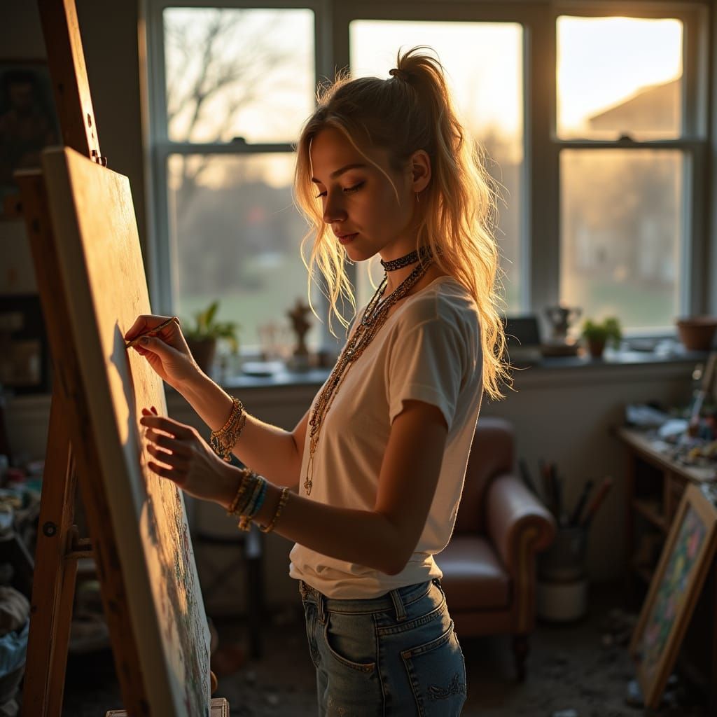 Blonde Artist Paints in Sunlit Studio, Hyperrealistic Photo