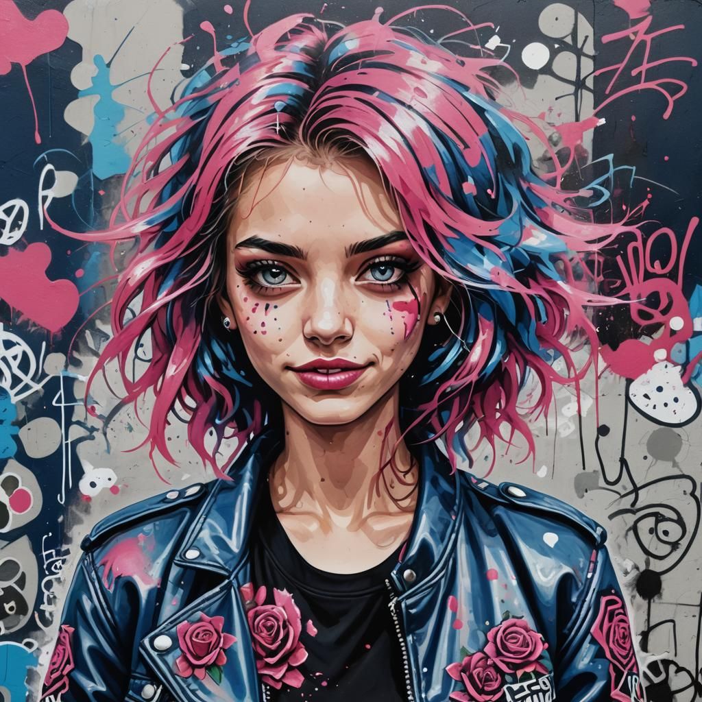 Smiling Punk Girl in Graffiti Splash Art Style