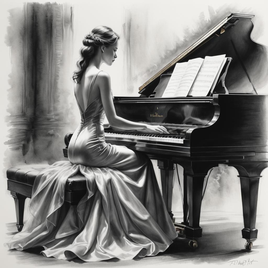 Hyperrealistic Charcoal Portrait of Pianist in Satin Dress