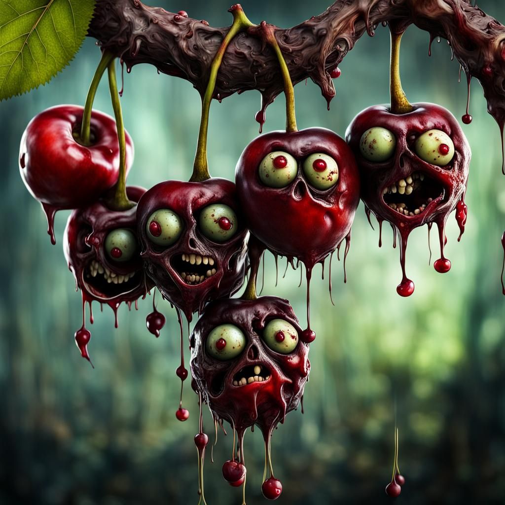 Sinister Zombie Cherries on the Vine: Hyperrealistic Photo
