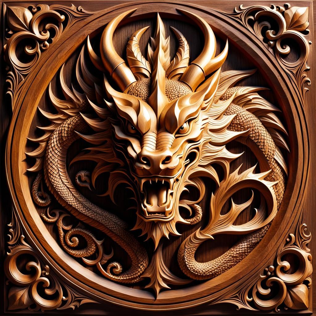 Detailed Wood Relief Carving of a Dragon Ornament