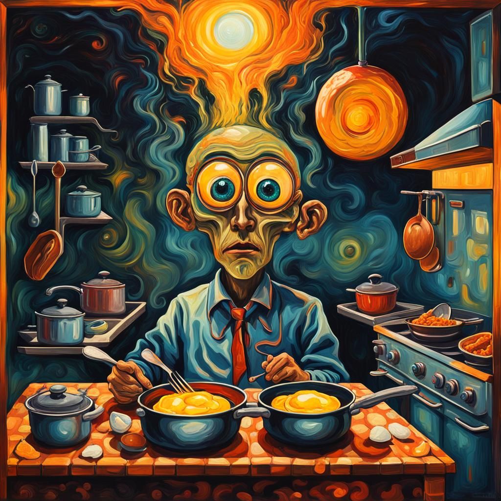 Surreal Art Nouveau Kitchen Scene with Psychedelic Elements