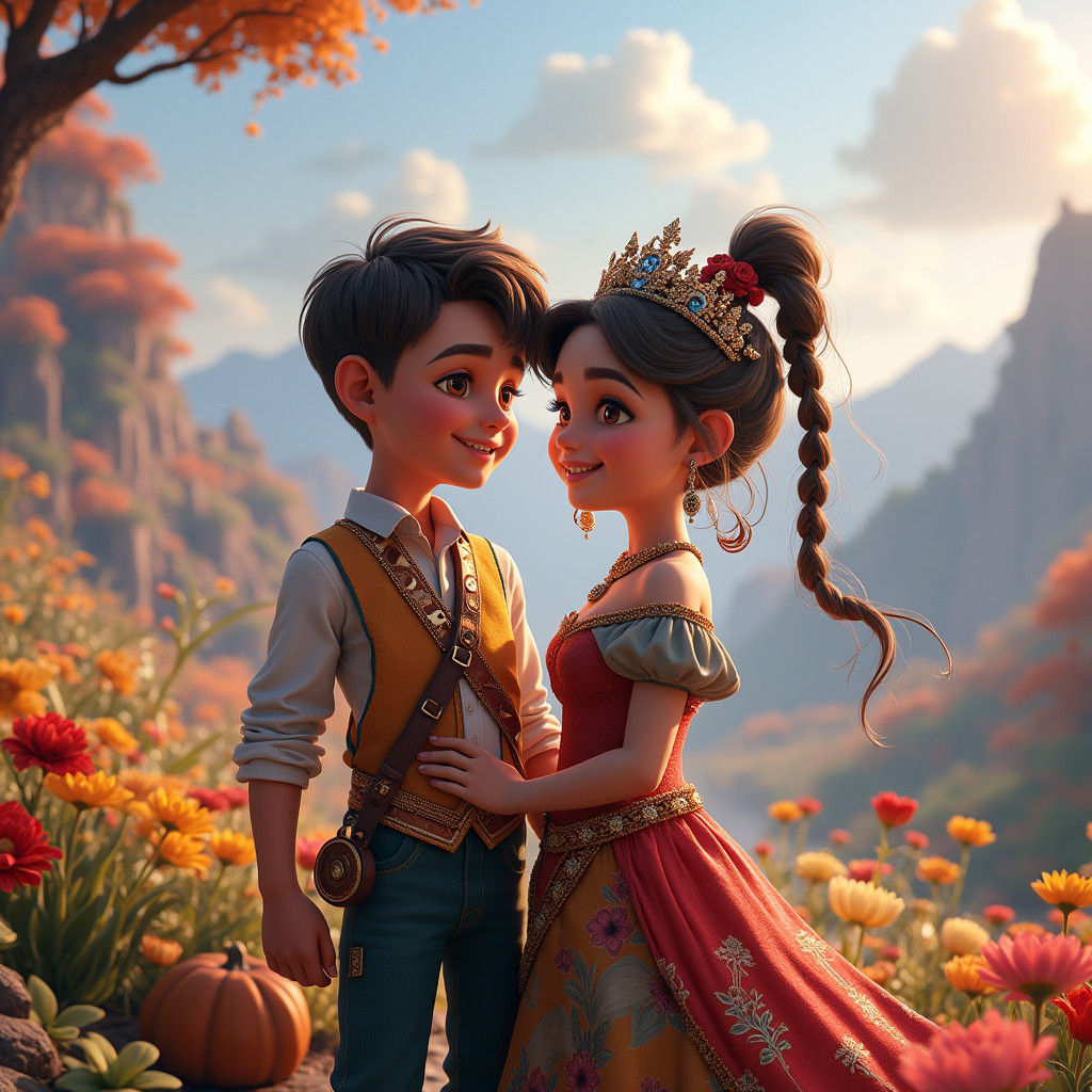 Joyful Couple in Fantasy Landscape, Dreamlike Matte Painting
