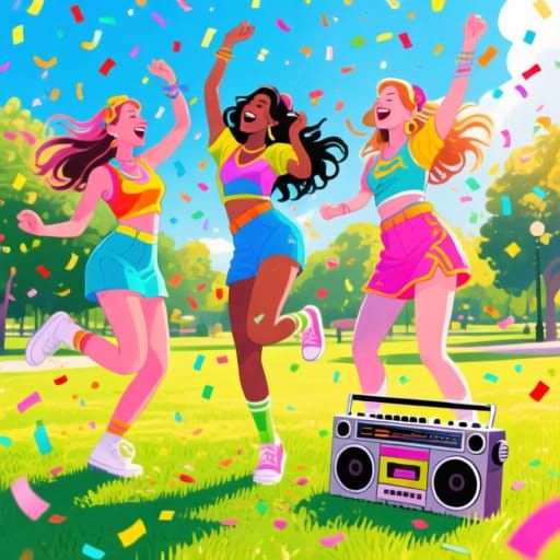 80s Pop Art Style Image of Women Dancing in Park