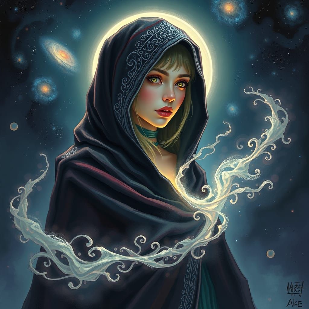 Mystical Woman in Starry Night Sky Digital Painting