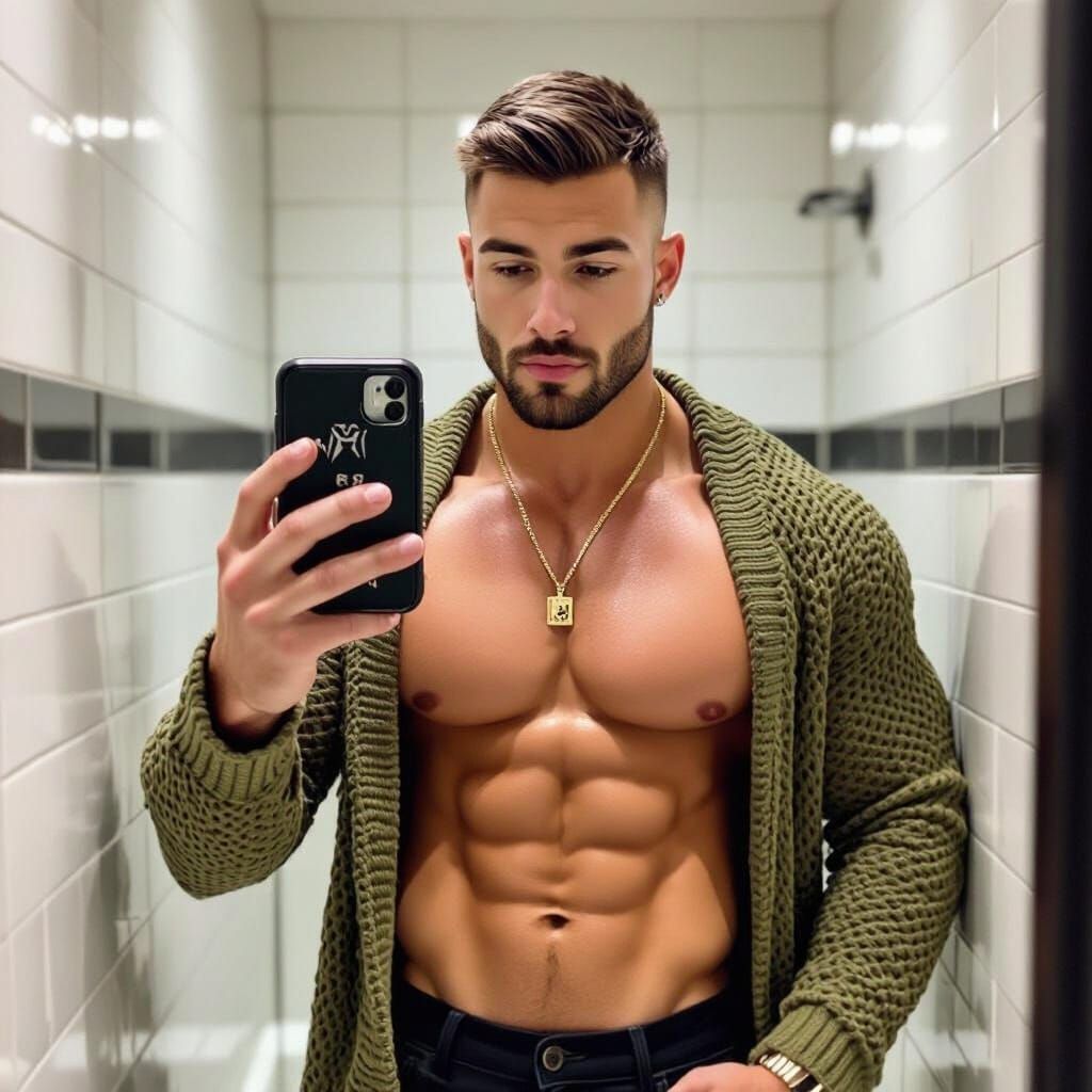 Muscular Man Takes Mirror Selfie in Bathroom