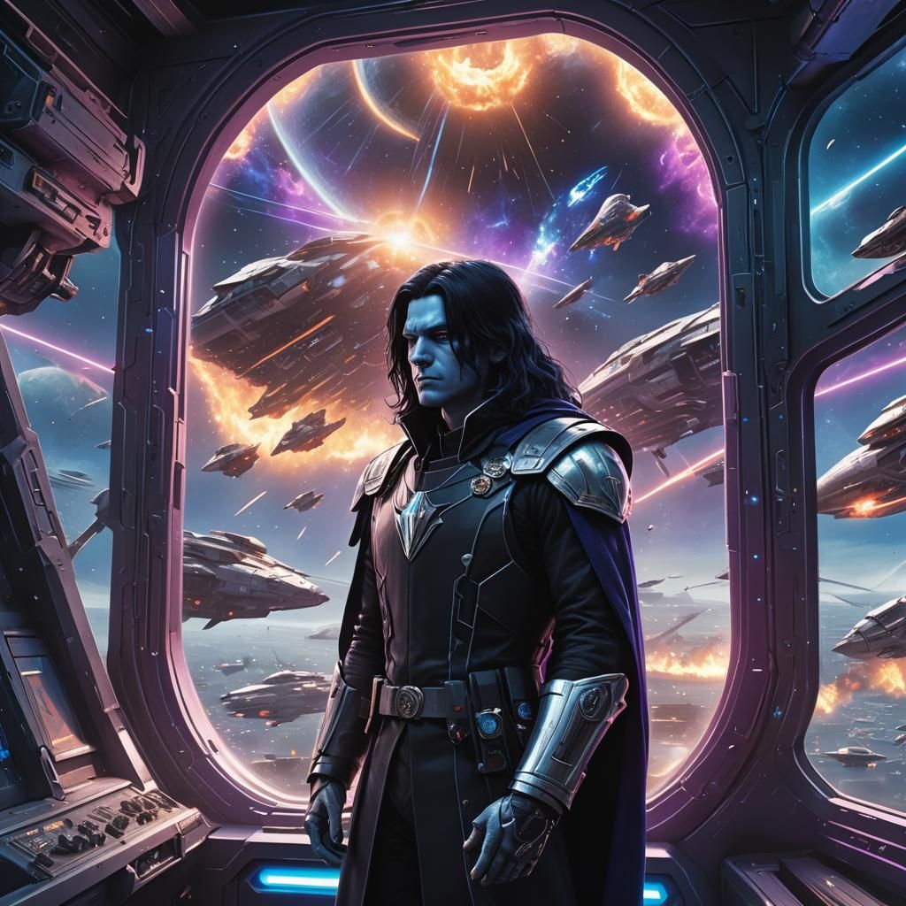 Sci-Fi Commander Observes Starship Battle in Digital Art