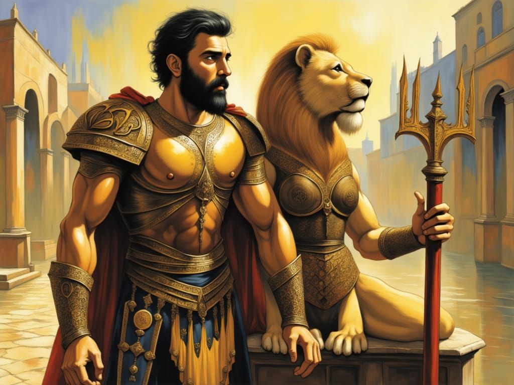 Epic Gladiator and Lion in Ancient Amphitheater