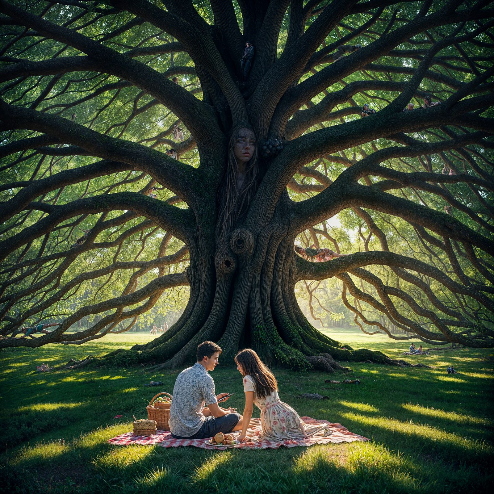 Picnic Under Tree in Pointillism Paintball Style