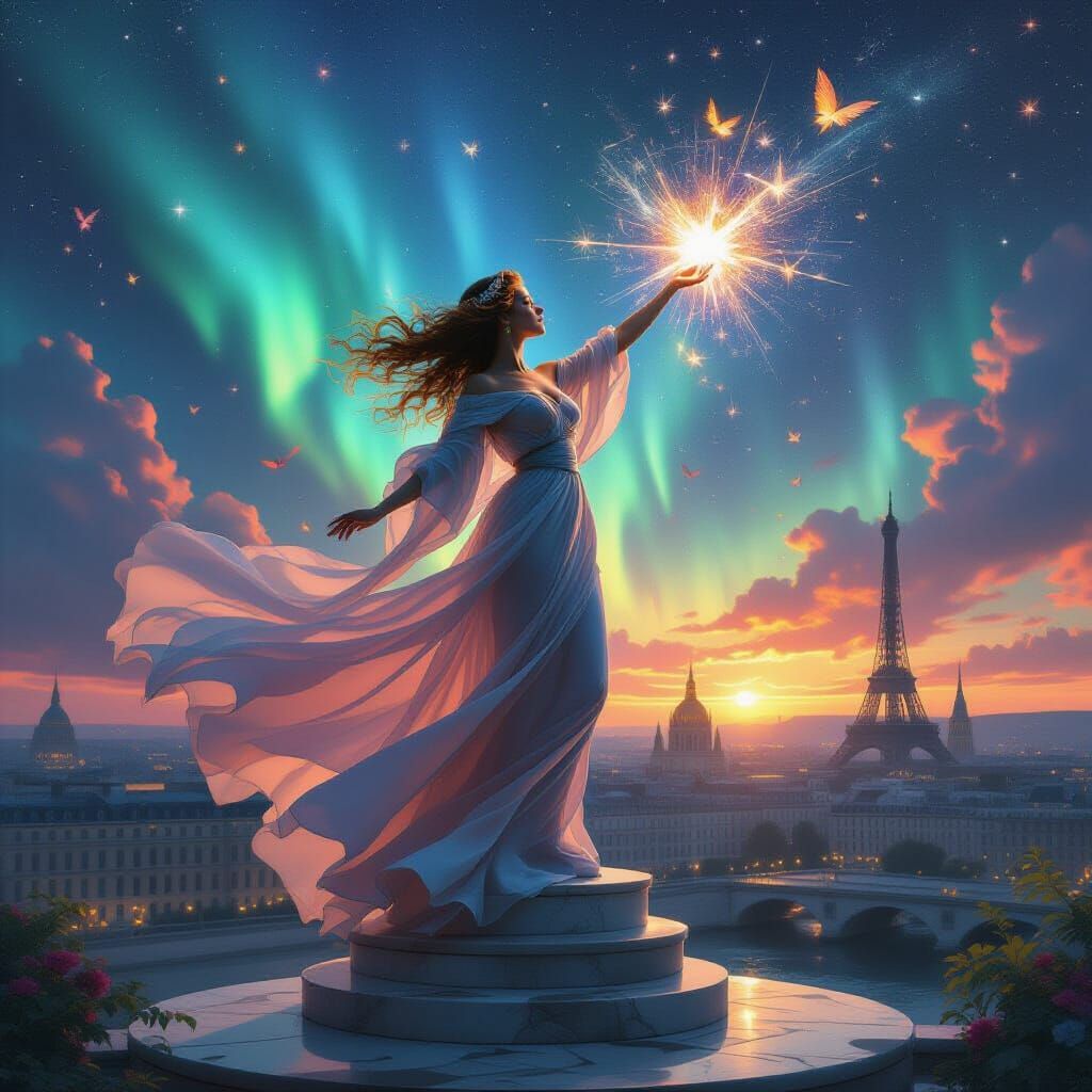 Celestial Marianne Over Paris in Ethereal Style