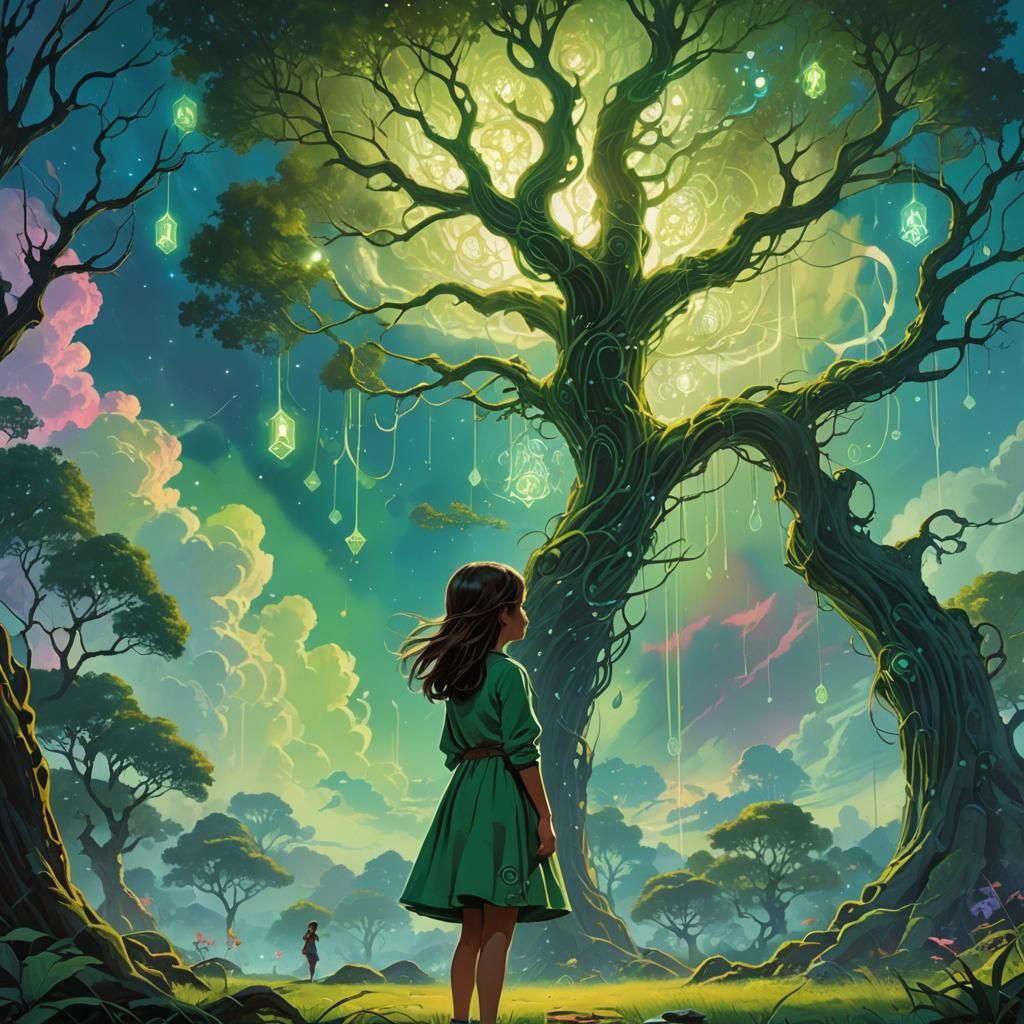 Girl with Magic Lantern in Mystical Landscape