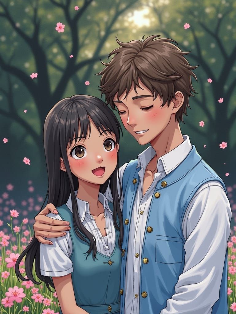 The trending ghibli style image of a smiling and happy coupl...