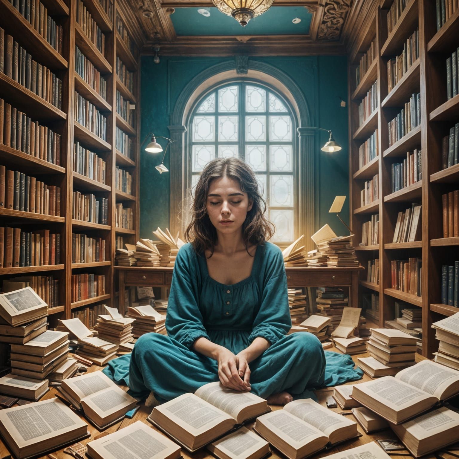 Surreal Library Scene: Distraught Woman Amidst Floating Book...