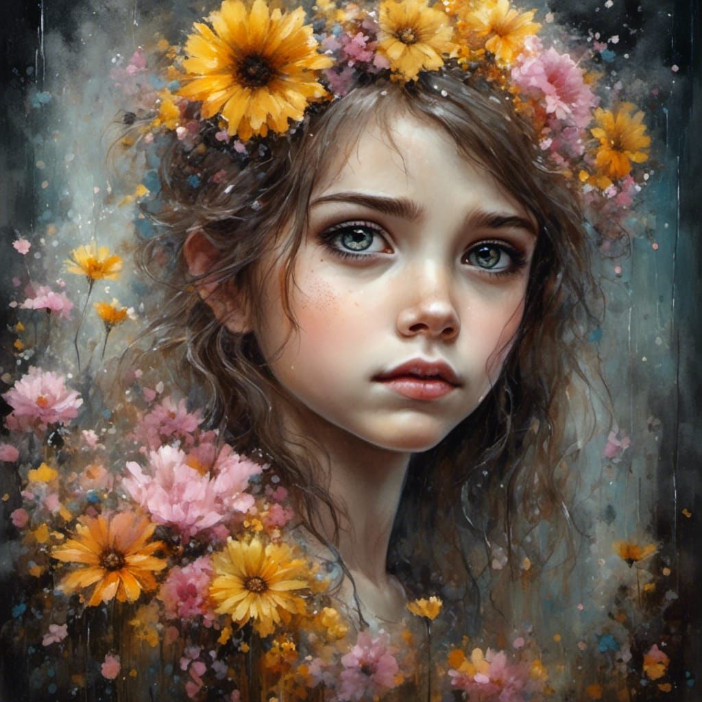 Beautiful Woman with Sparkling Eyes and Wildflowers