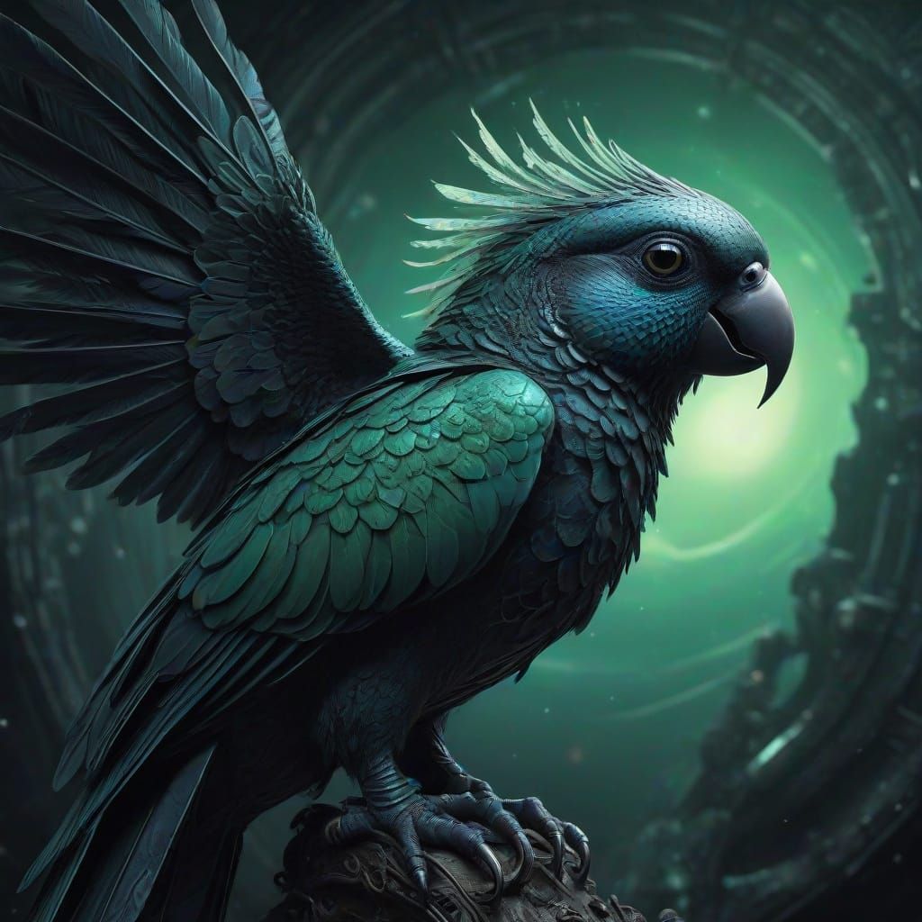 Biomechanical Parrot with Alien Flower, Surreal Art