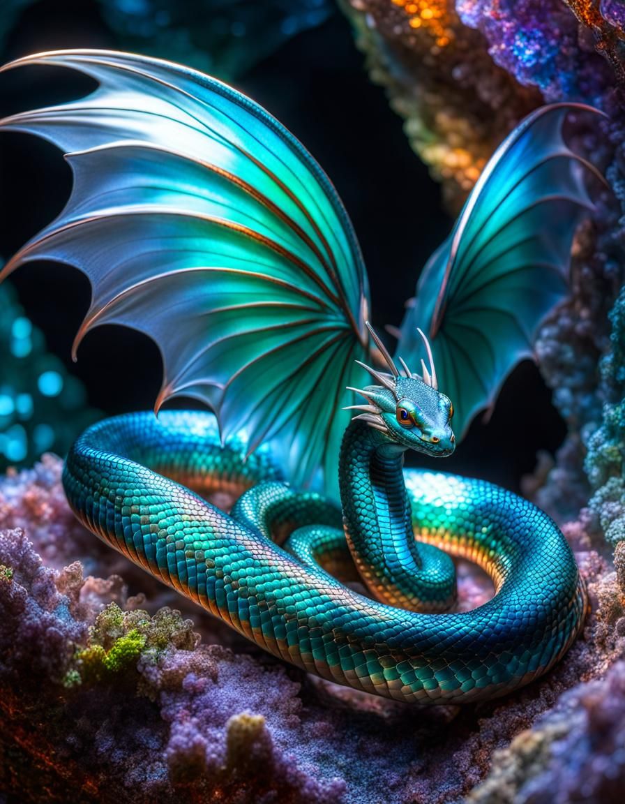 Winged Dragon Snake Sleeping in Crystal Cave
