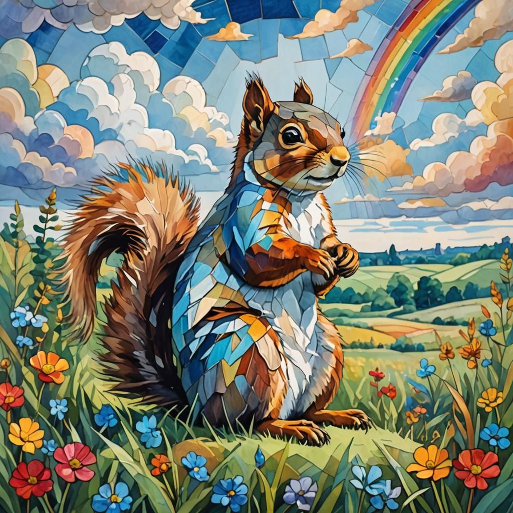 Stained Glass Squirrel in Impressionist Style