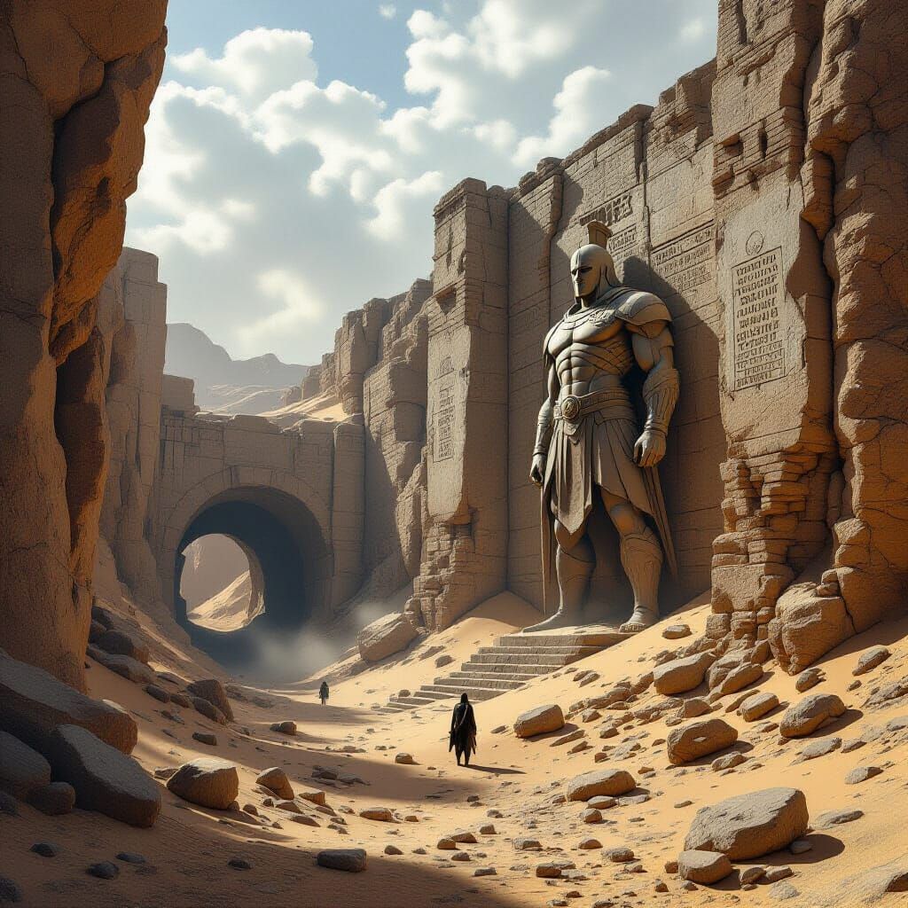 Desolate City Ruins with Ancient Warrior Statue
