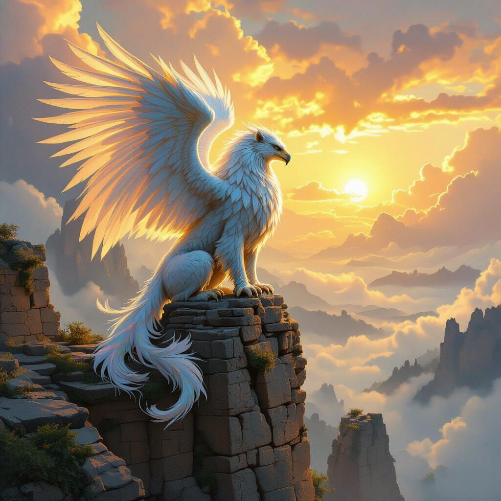 Majestic Griffin on Ancient Ruins at Dawn