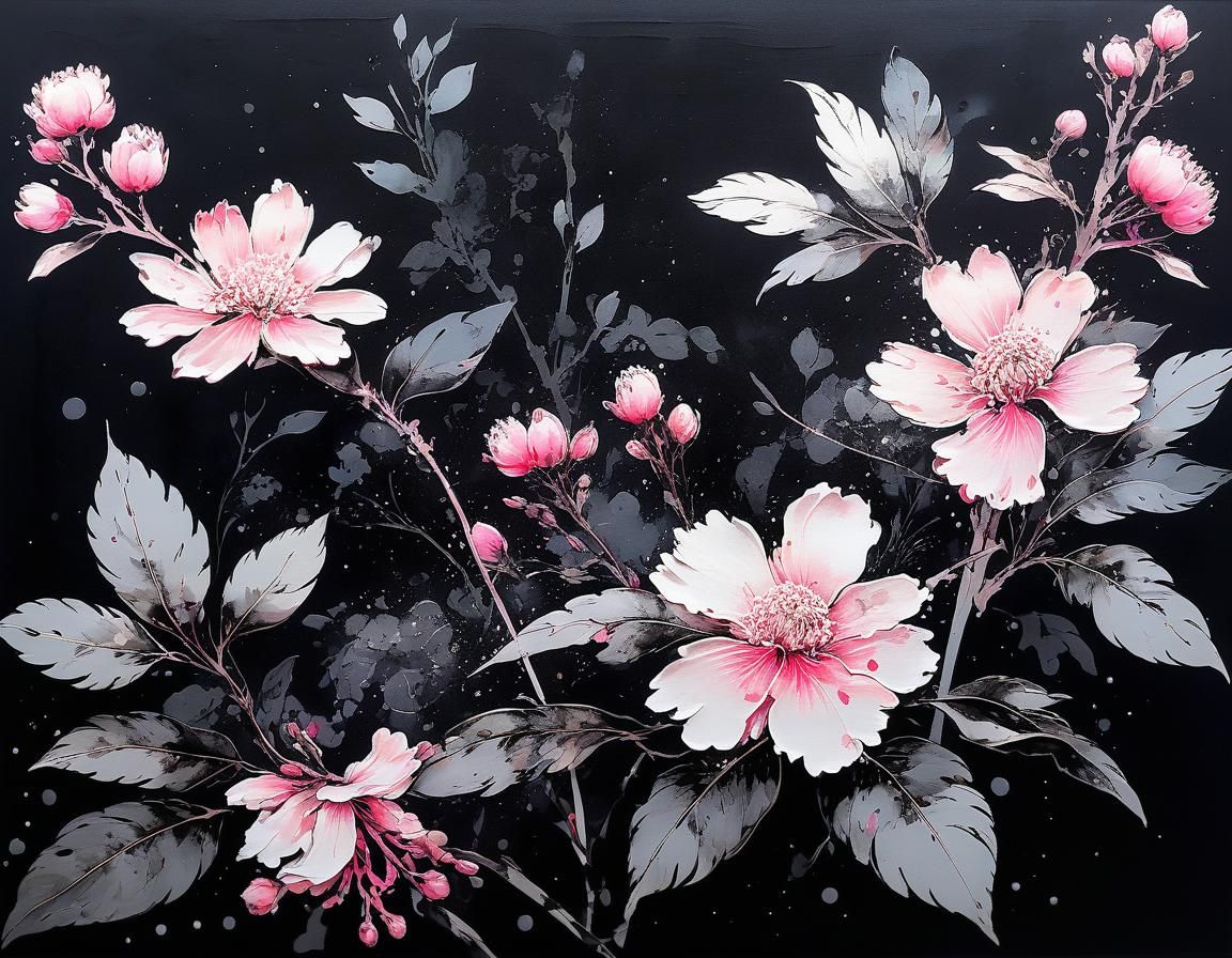 Pixel Art Ink Splashes with Pink Flowers