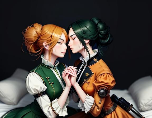 Twin Kemono Sisters Kissing in Manga Style