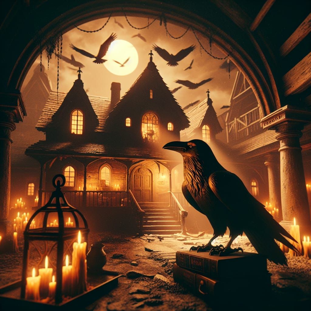 Mysterious Raven in Candlelit Room: Sepia Matte Painting