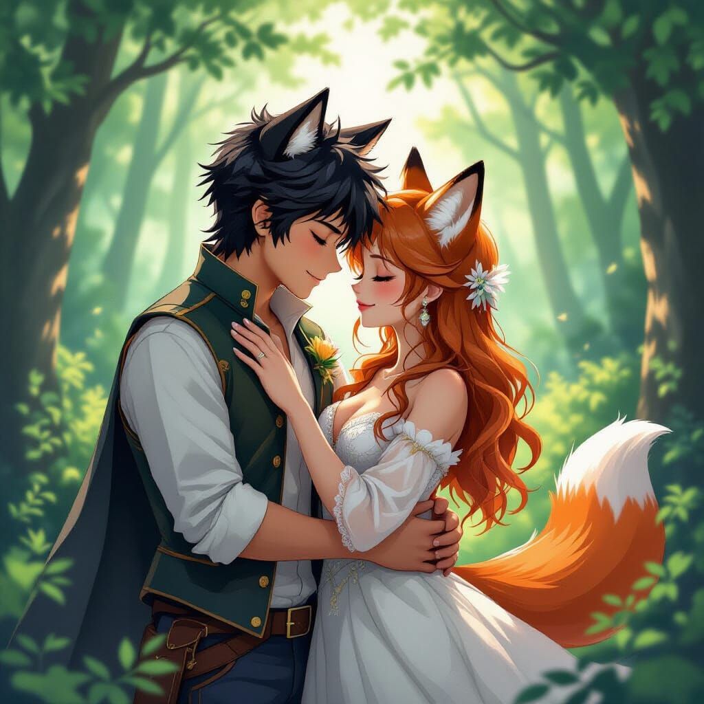 Fantasy Couple Embrace in Whimsical Forest