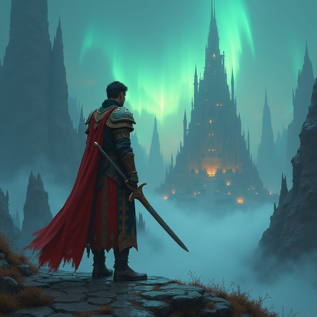 Hero at Mystical Realm's Edge in Matte Painting Style