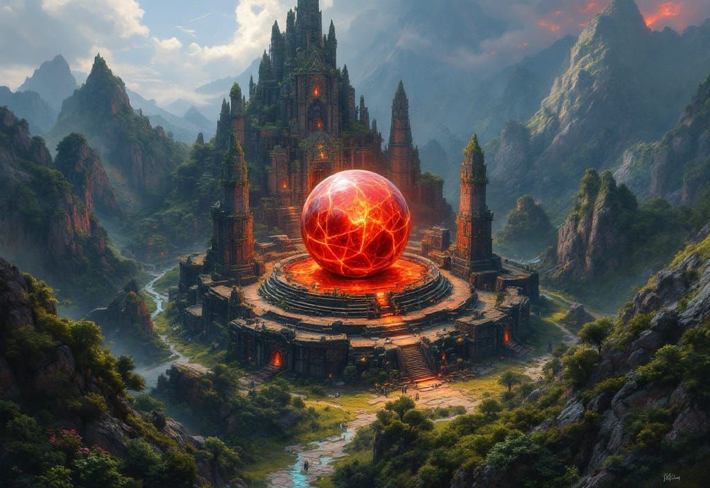 Overgrown Temple with Glowing Crystal in Oil Painting Style