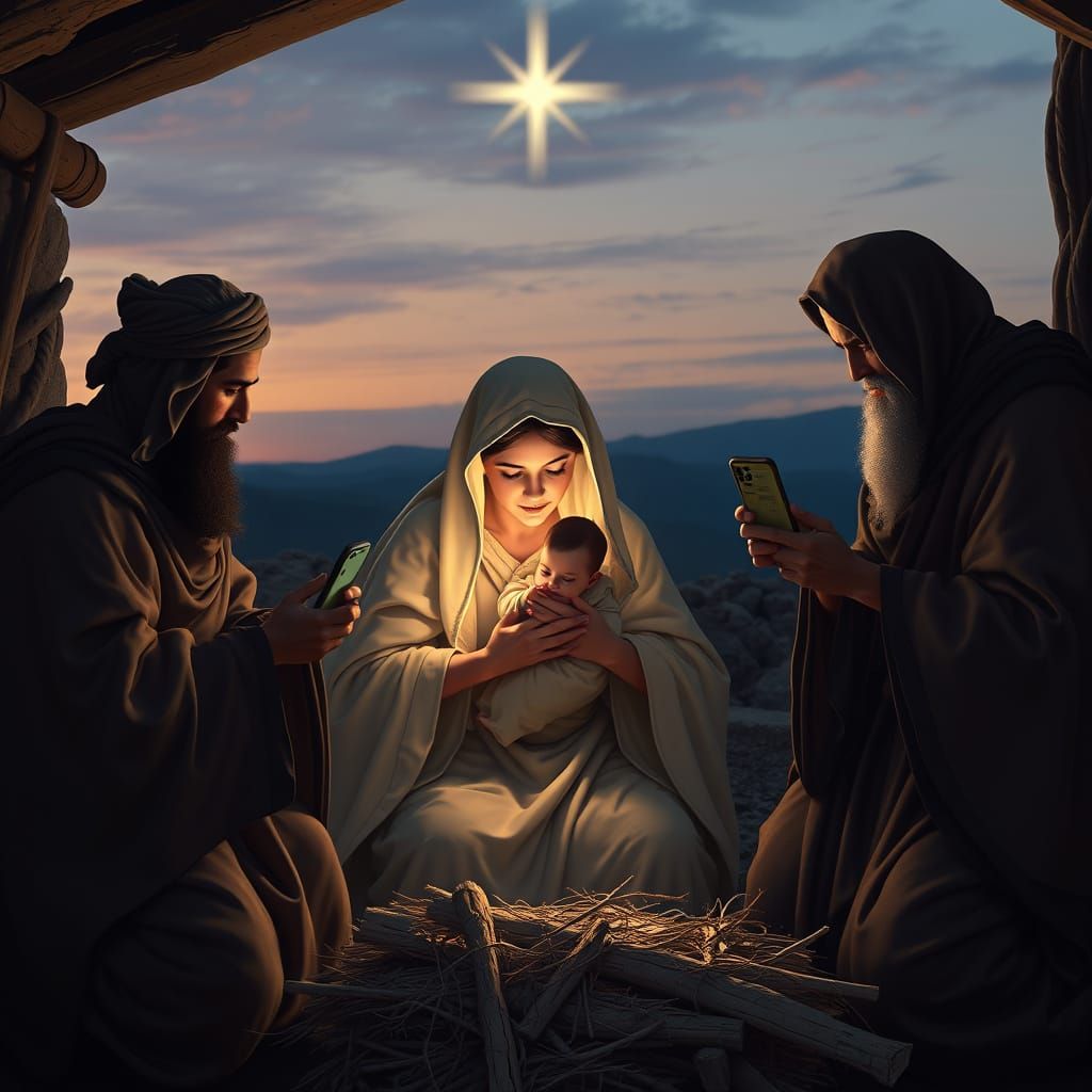 Nativity Scene at Dusk, Wise Men Capture Luminous Jesus with...